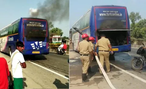 TSRTC Volvo bus catches fire near Ibrahimpatnam - Sakshi