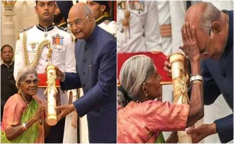 President kovind presents padma shri award to saalumarada thimmakka for social Work - Sakshi
