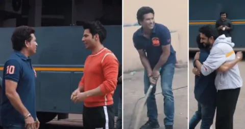 Varun, Abhishek play gully cricket with Sachin Tendulkar - Sakshi
