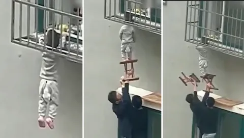 Viral Video Man Saved Child Life Who Dangling His Head Window Bars