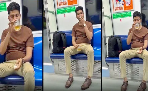 Man Drinking Eating Egg Inside Delhi Metro