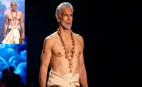 Milind Soman Turned ShowstopperIn Gold Saree Styled As A Dhoti