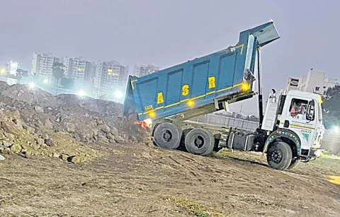 Followers of TDP leaders excavate sand with JCBs and excavators