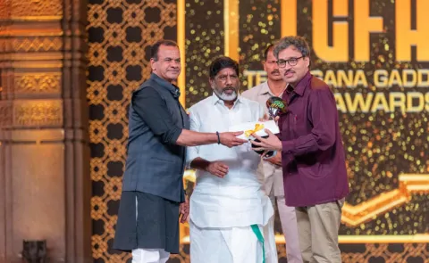 Dr Rentala Jayadeva Receiving Gaddar Film Award In Best Film Book On His Mana Cinema First Reel