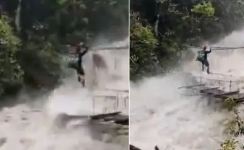 Man Crosses Raging Assam River Using Traditional Hanging Bridge