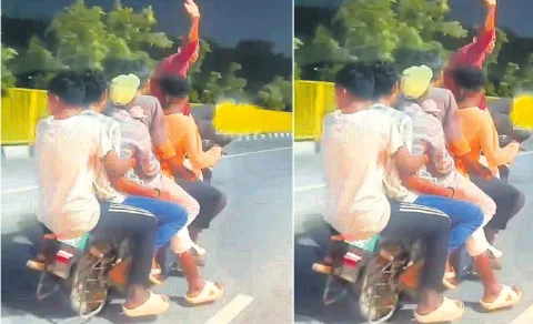 eight people sitting on a motorcycle in hyderabad