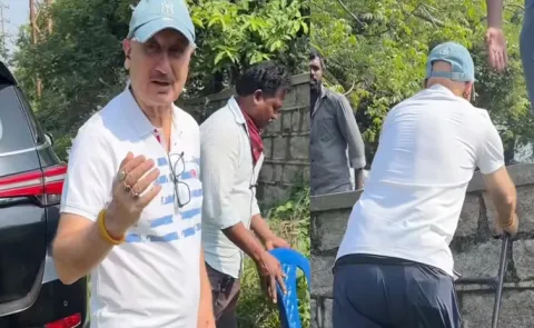 Anupam Kher Climbs Wall to Reach Prabhas Fauji Movie Set in Hyderabad