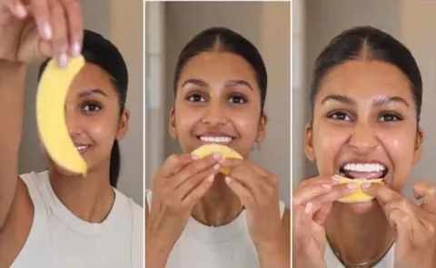 Woman shows used banana peel for white teeth it actually work