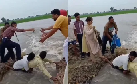 Human Bridge Help 35 Children Cross Flooded Field In Punjab13