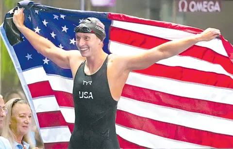 Katie Ledecky wins her sixth gold medal in the womens 1500 meter freestyle event