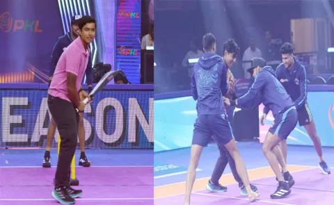 Vaibhav Suryavanshi playing Cricket And Kabaddi at the launch of PKL 2025