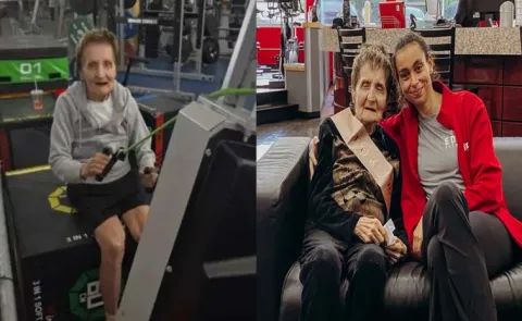 100 year old Mary Coroneos celebrates birthday by weightlifting at gym.
