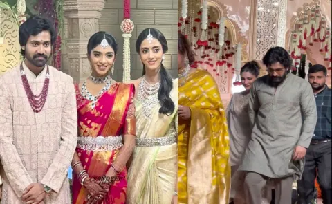 Akhil Akkineni attends Narne nithiin wedding receptiom with his wife