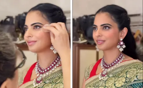 Isha Ambani shows green silk saree paired ruby and diamond jewellery