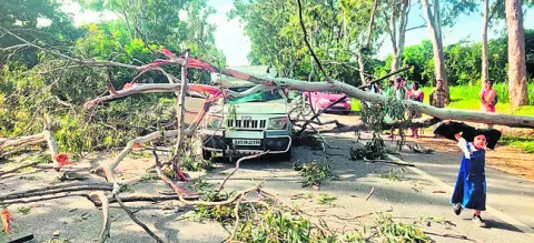 కారుపై కూలిన చెట్టు