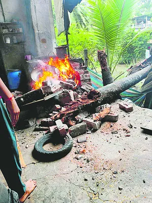 స్వీట్‌ స్టాల్‌ పొయ్యిపై పడిన కొబ్బరి చెట్టు 