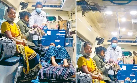 108 ambulance staff assisting a woman with a normal delivery