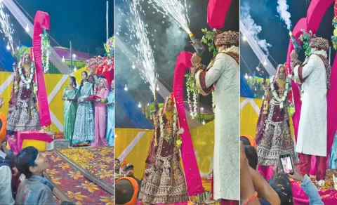 Bride and groom arrive on swan stage with spark guns, internet can't look away