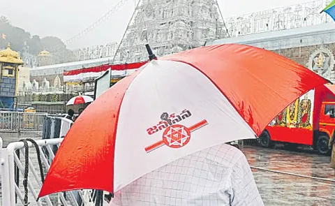 JanaSena Party umbrella in Tirumala TTD