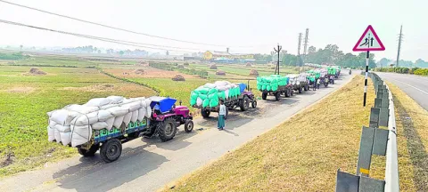 బారులు తీరిన ధాన్యం ట్రాక్టర్లు 
