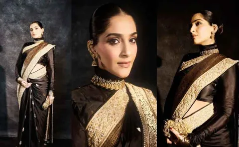 Sonam Kapoor Flaunts Baby Bump, Stuns in Black Saree