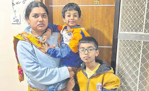 Wife Protests with Children Outside Husband’s House Seeking Justice in Ahmedguda