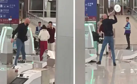 passenger goes on kiosk-smashing rampage at airport in wild video 