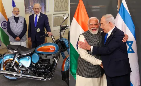 PM Narendra Modi Israeli PM Netanyahu Check Out RE Goan Classic 350 At Jerusalem Tech Exhibition