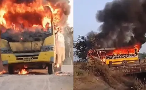 School Bus Caught Fire In Bhupalpally District