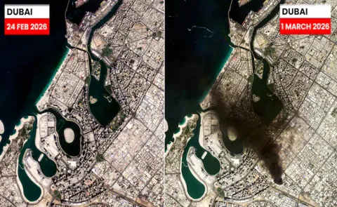 Satellite Pics Show Black Smoke Over Dubai Skyline with Iran Attacks