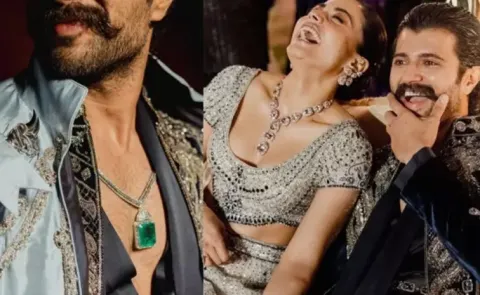 Vijay DeverakondaA Unique Diamond Emerald Necklace Encrusted  On His Sangeet Ceremony 