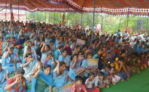 Anganwadi workers and helpers stage protest