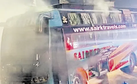 Private Travels Bus Catches Fire Near Vijayawada Bus Stand