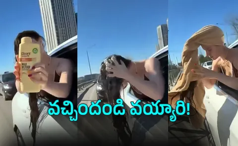 A Russian woman washes her hair while driving a modified Mercedes