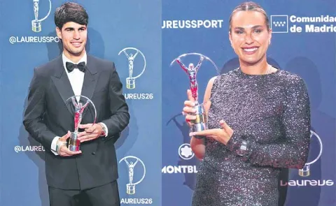 Carlos Alcaraz and Aryna Sabalenka led the winners at the Laureus Awards 20261