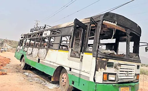 RTC bus catches fire after hitting electric wires