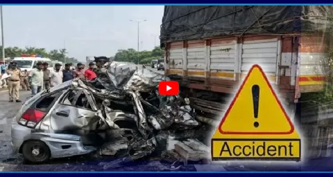Car Crashes Into Parked Lorry On ORR Near Shamshabad  1