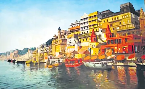 Italian artist Giampaolo Tomassetti presented a painting of Varanasi ghats