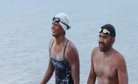 Danish Abdi and Vrushali Prasad, residents of Bengaluru swam 32 kilometers in the sea from Talaimannar in Sri Lanka to Dhanushkodi in India