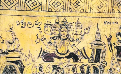 Hundreds of years old paintings on the ceiling of the Kolanupaka temple