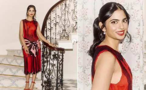 Isha Ambani in vibrant red dress paired with mom Nita Ambanis jewels 