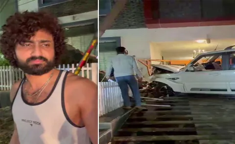 Actor Dharmas Car Crashes Into House in Film Nagar Police Detain Him