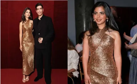 Isha Ambani dazzles in handmade gold gown in Manish Malhotra Collections15