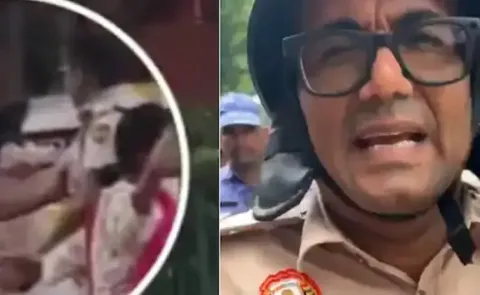 Delhi cop who Slapped Woman during Parliament march Removed from Protest Site