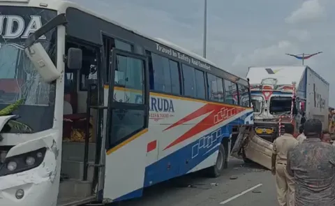 Container Rams Into Private Bus In Nizamabad District