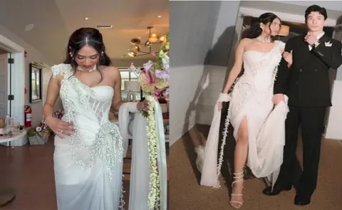 Indian-Korean wedding Bride wears thousands of mogra flowers Gown