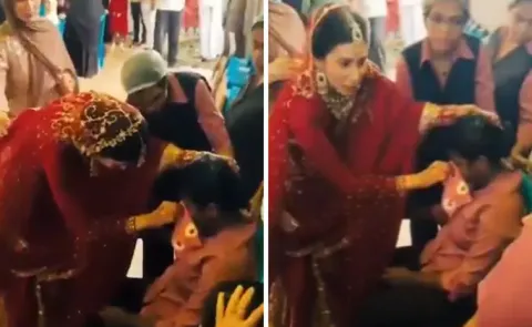 Kerala bride in wedding attire attends to catering workers who fell ill13