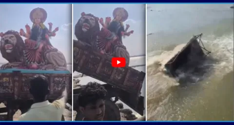 Goddess Durga Idol Immersed Without Prayers In Nalgonda 1