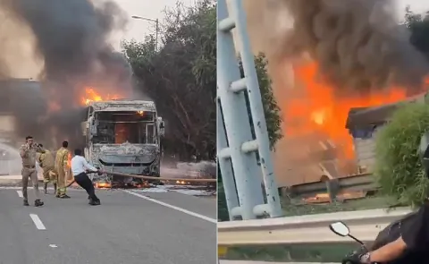 Agra bound sleeper bus erupts in flames on Noida expressway caught on camera10