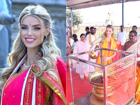 Miss Universe Victoria Kjaer Theilvig Visits Yadagirigutta Temple